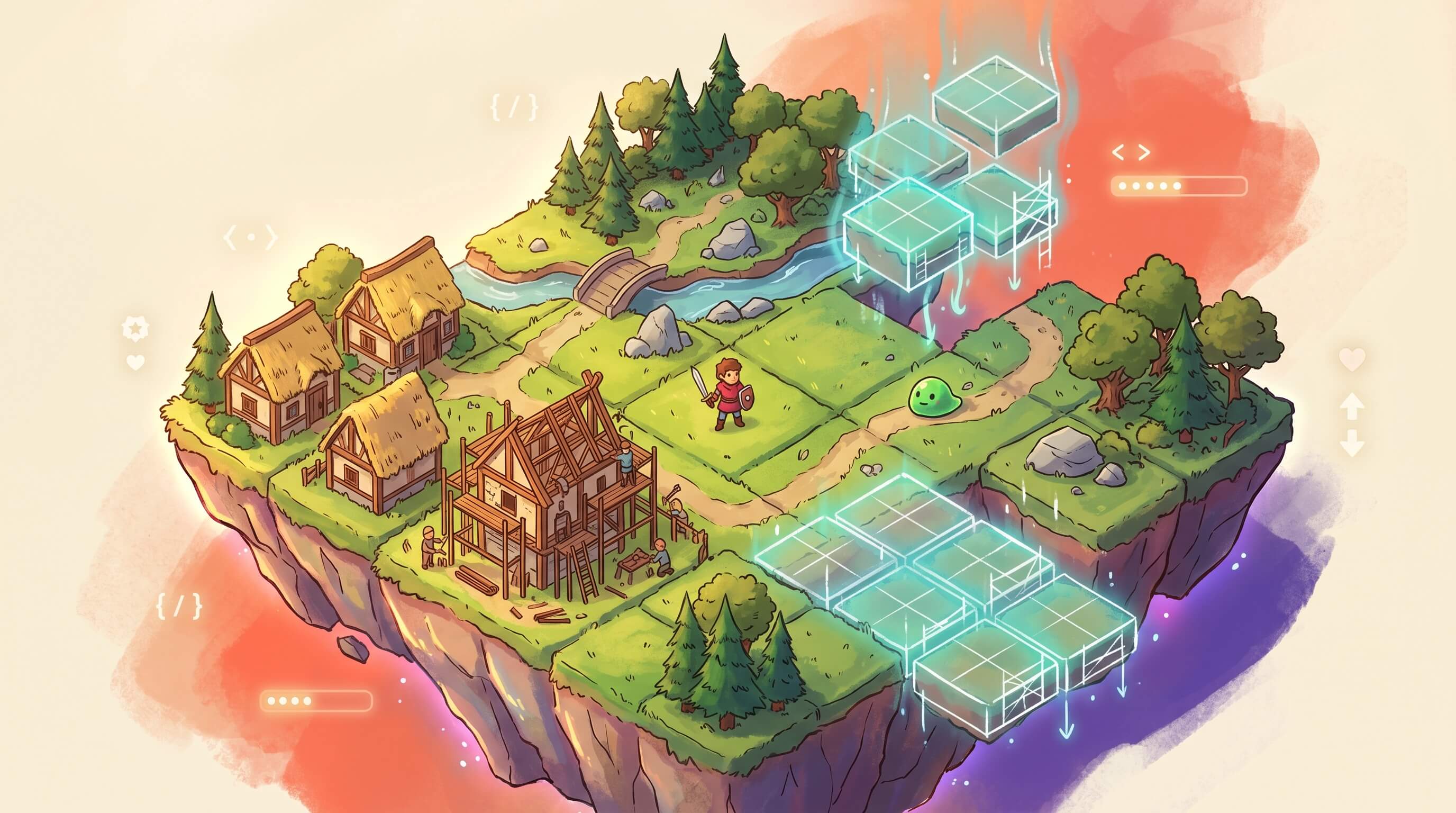 Painterly preview of a small fantasy game world being collectively built — hero, slime, cottages, and translucent placeholder tiles being slotted in by the community