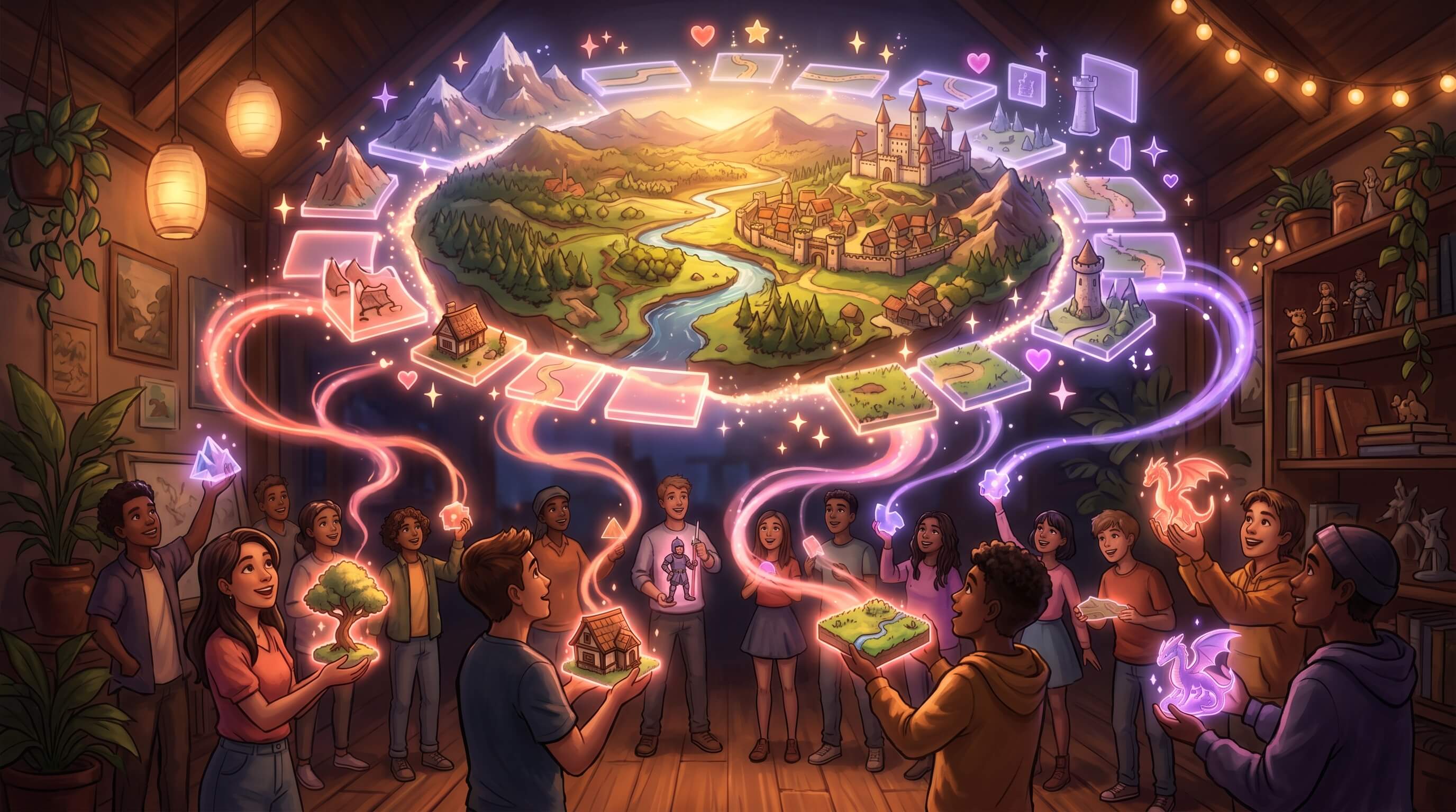 A wide cinematic painterly scene of a crowd looking up at a glowing holographic fantasy game world